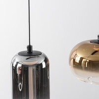 Pendellampa Kohi med fyra lampor - guld, rökfärgat och kopparfärgat glas, 3-stegs dimbar