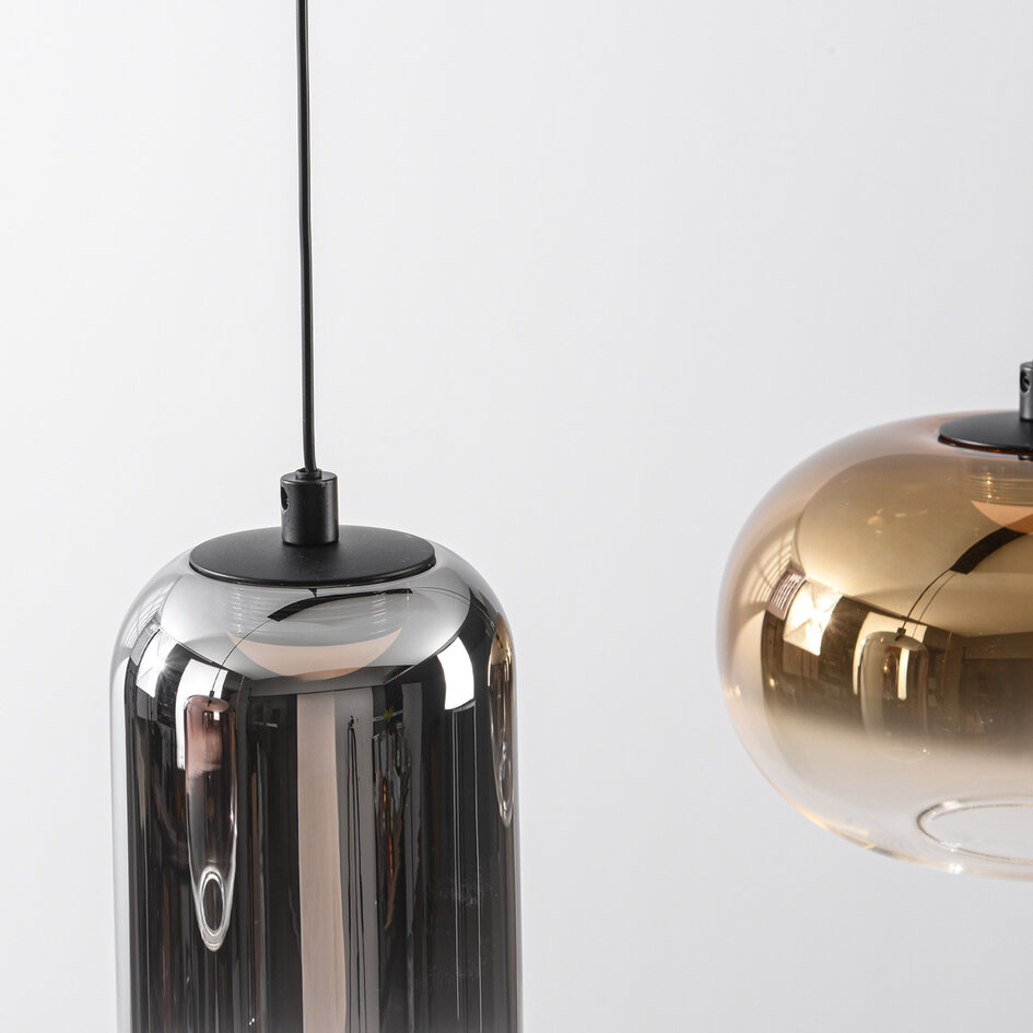 Pendellampa Kohi med fyra lampor - guld, rökfärgat och kopparfärgat glas, 3-stegs dimbar