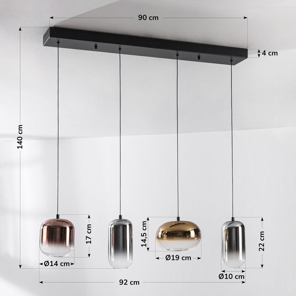 Pendellampa Kohi med fyra lampor - guld, rökfärgat och kopparfärgat glas, 3-stegs dimbar