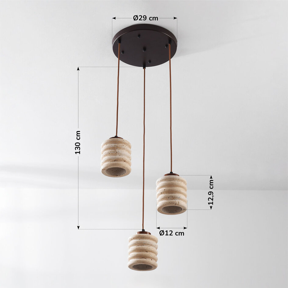 Cylinderformad pendellampa Alva med tre lampor i travertin (natursten)