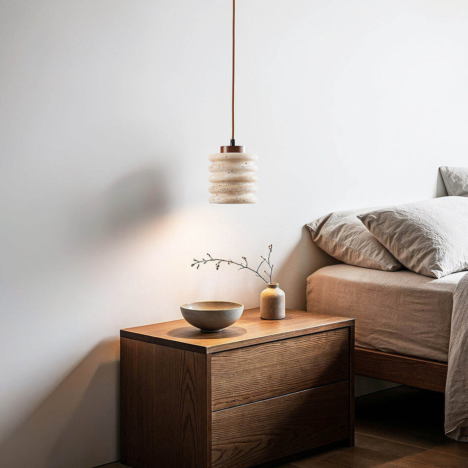 Lyxig cylinderformad pendellampa Alva i travertin (natursten)
