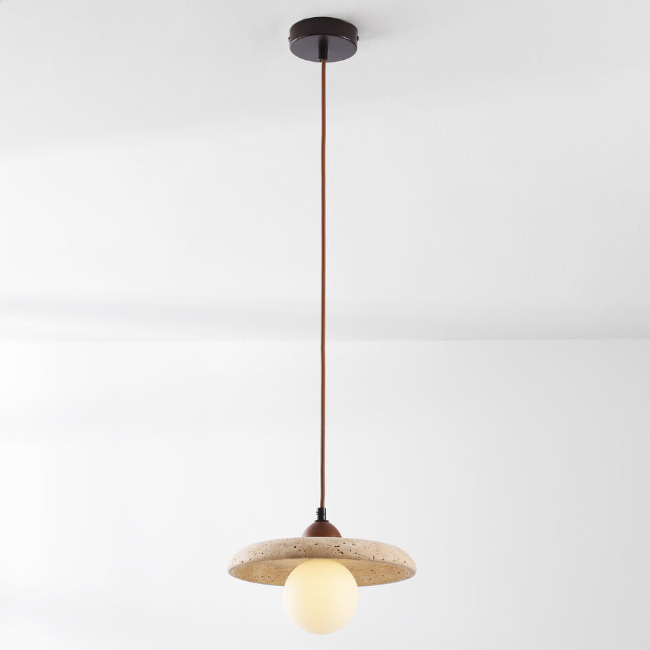 Japandi-pendellampa Sasso i travertin (natursten) och trä