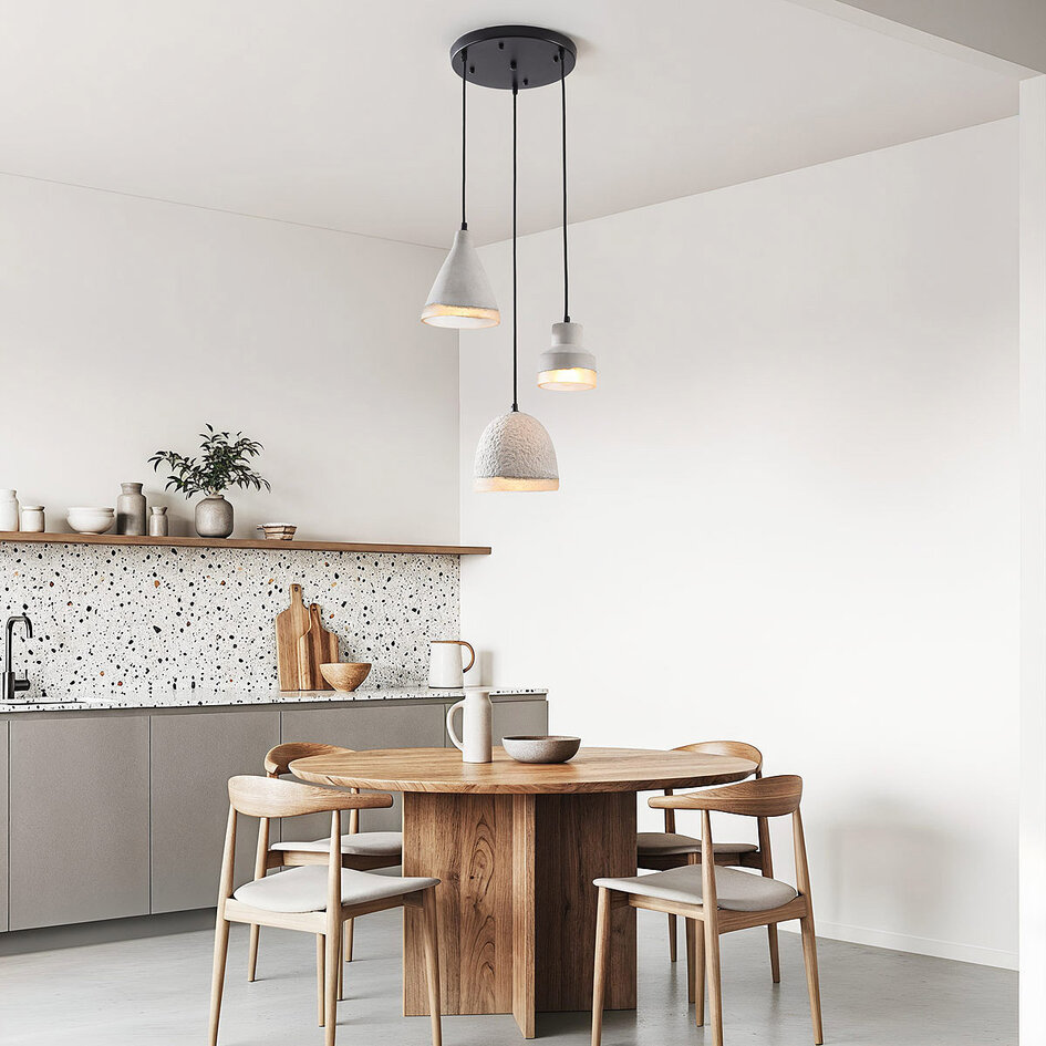 Wabi sabi-pendellampa Riva med tre lampor och cementlook