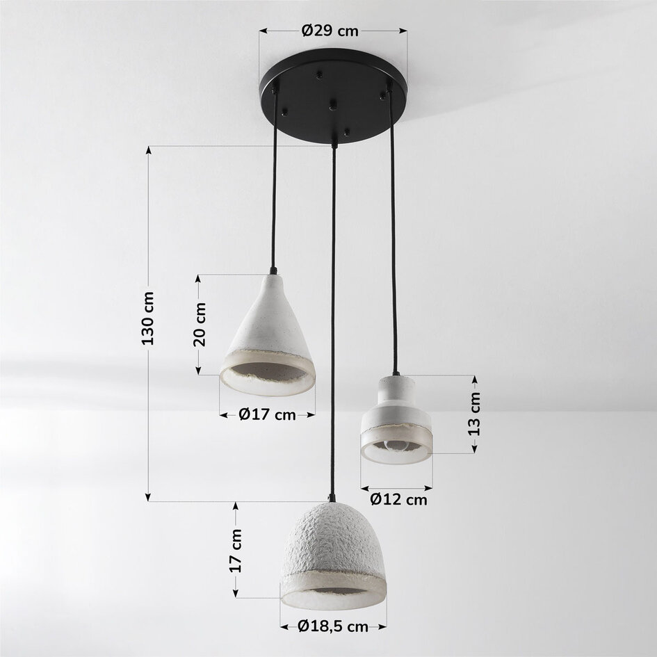 Wabi sabi-pendellampa Riva med tre lampor och cementlook