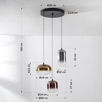 Pendellampa Kafei med tre lampor i guld, rökfärgat och kopparfärgat glas - 3-stegs dimbar