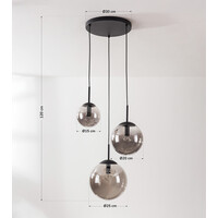 Modern pendellampa Marui i svart med tre kulor i rökfärgat glas