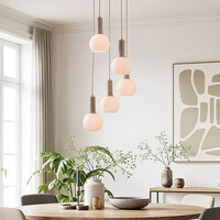 Pendellampa Imme med fem lampor i beige med mjölkvita skärmar