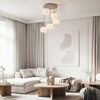 Modern taklampa Carato i beige med fem mjölkvita glaskulor