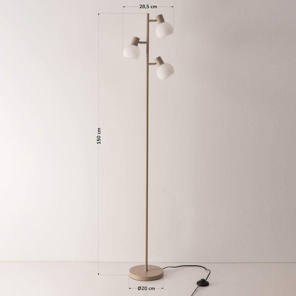 Golvlampa Pieta med 3 vridbara spotlights i mjölkvitt glas