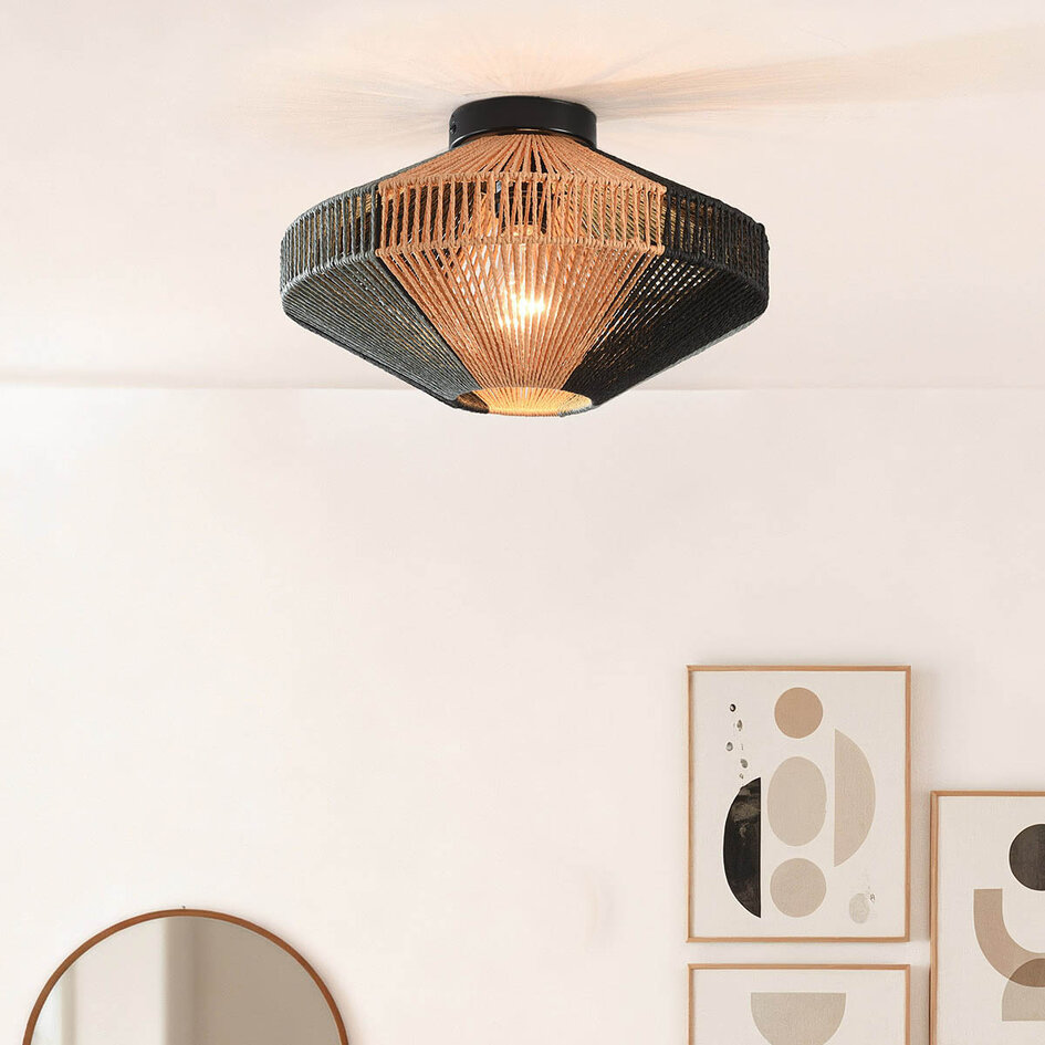 Boho chic-taklampa Skima i svart och naturellt rep