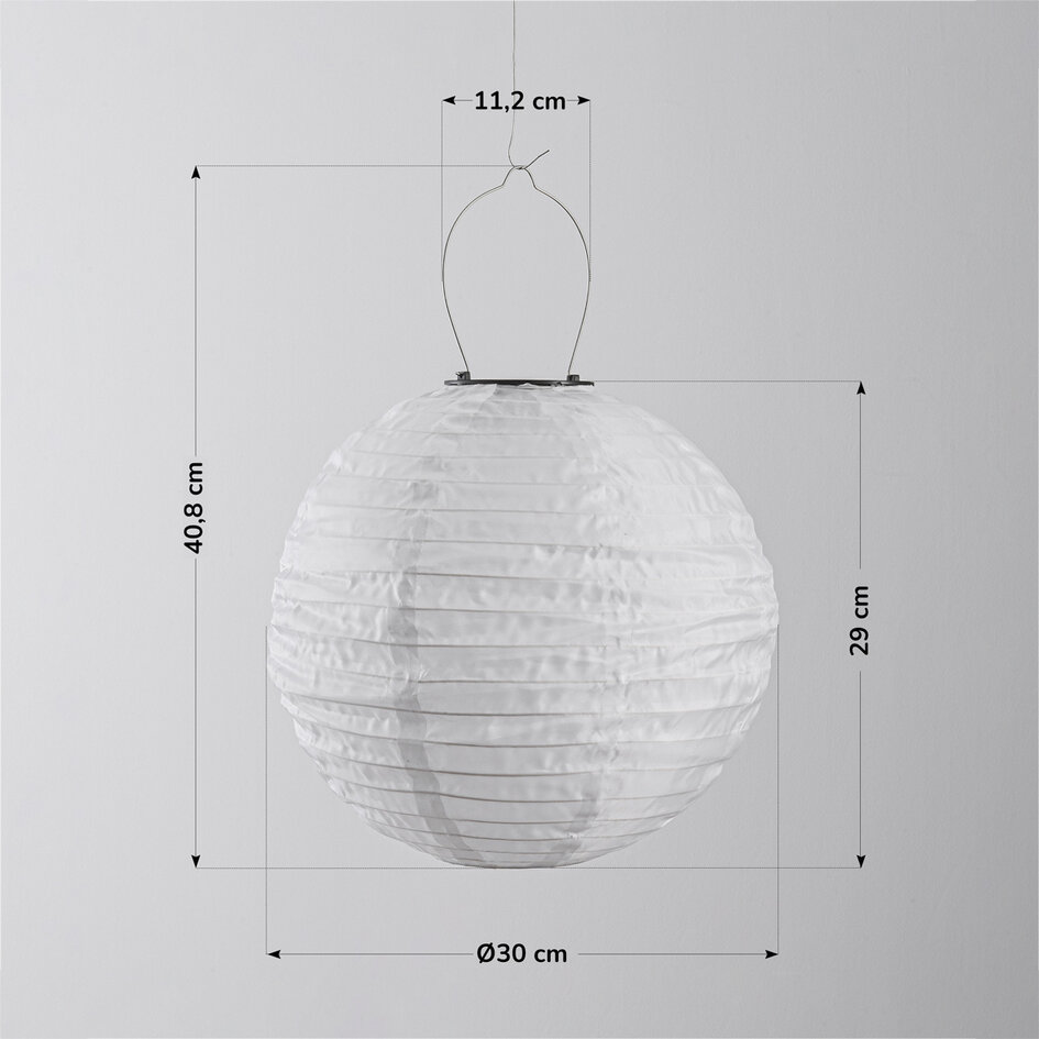 Solcellslykta Kalor – solcellsdriven hängande lampa av vitt nylon Ø30 cm
