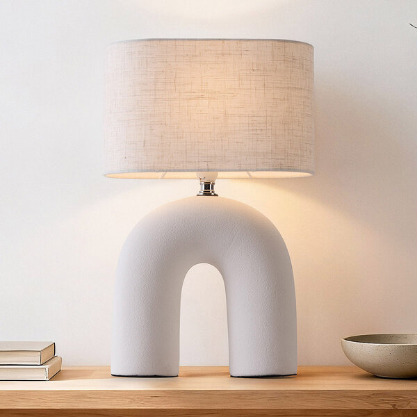 Bordslampa Poyta i Japandistil - vit keramik med linneskärm