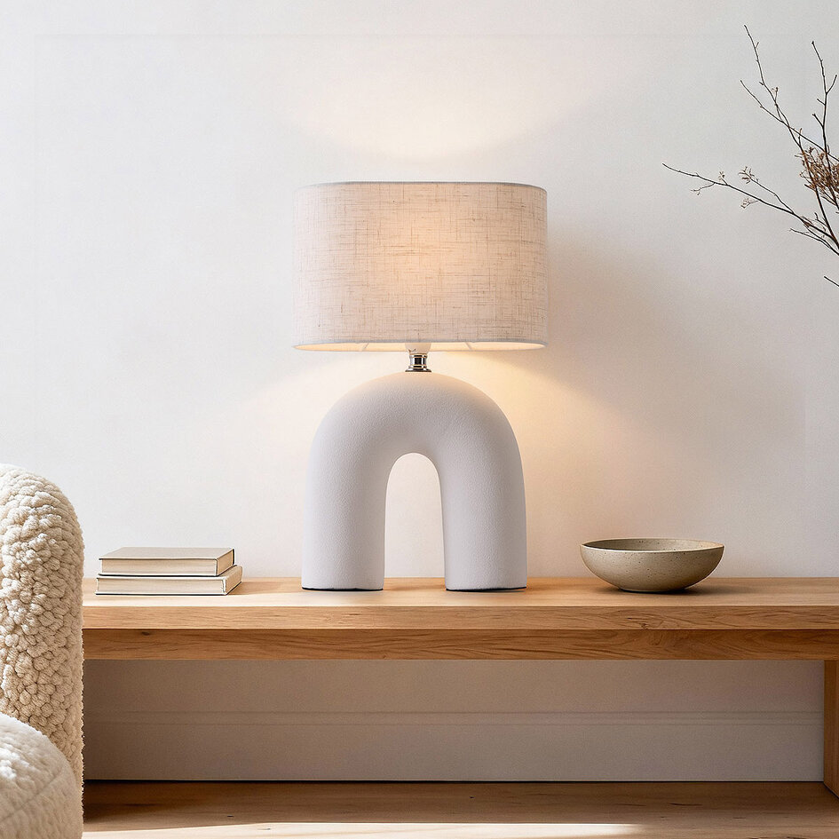 Bordslampa Poyta i Japandistil - vit keramik med linneskärm