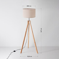 Skandinavisk golvlampa Tenir med trebent stativ i trä och linneskärm