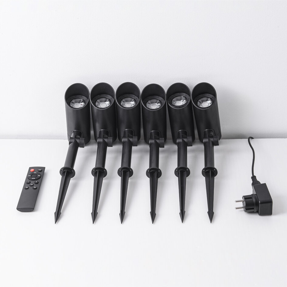 Set om 6 moderna, vinkelbara trädgårdsspotlights med fjärrkontroll – svart med dimbar LED