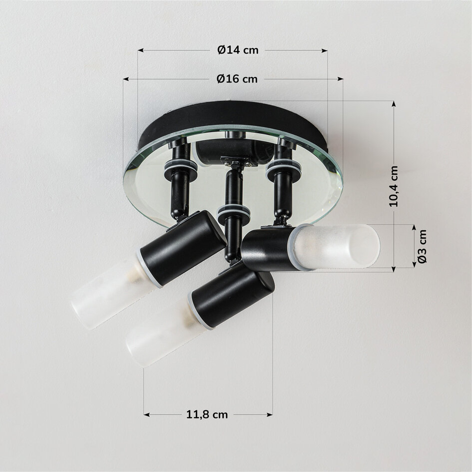 Taklampa Trion med 3 vridbara spotlights i svart med diffusorer i matt glas