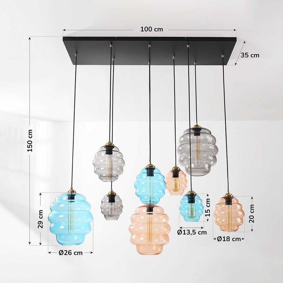 Designad pendellampa Zavari med 9 glaskulor i amber, rökfärgat och blått