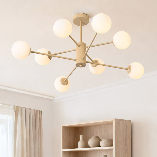 Design taklampa Idaho - beige med mjölkvitt glas, 8-ljus