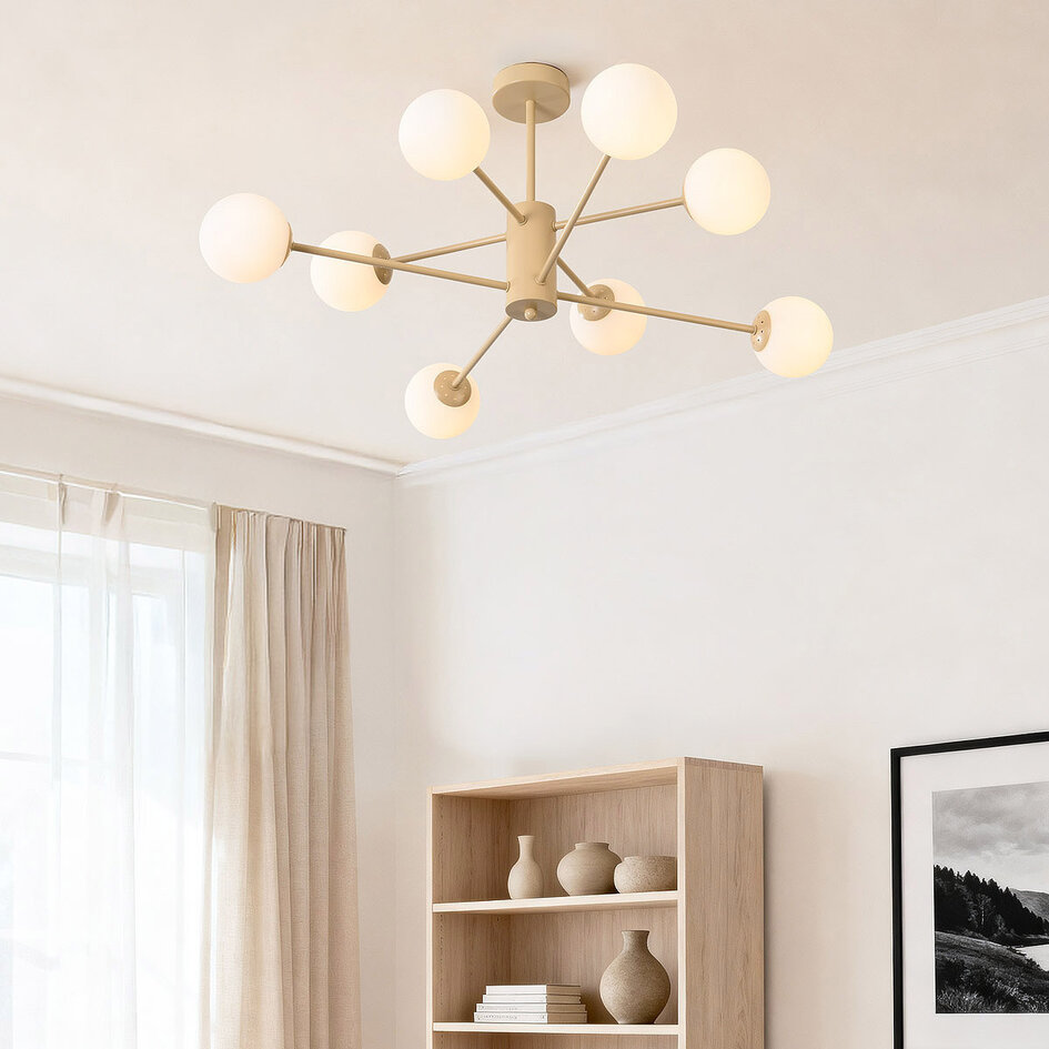 Taklampa Idaho med åtta lampor - beige med mjölkvitt glas