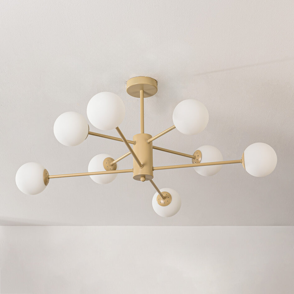 Taklampa Idaho med åtta lampor - beige med mjölkvitt glas