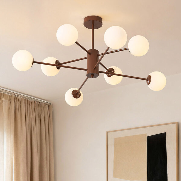 Design taklampa Idaho - brun med mjölkvitt glas, 8-ljus