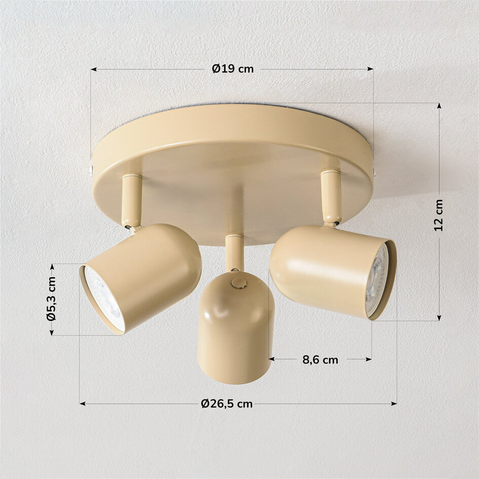 Taklampa Caro med tre lampor i beige med justerbara spotlights
