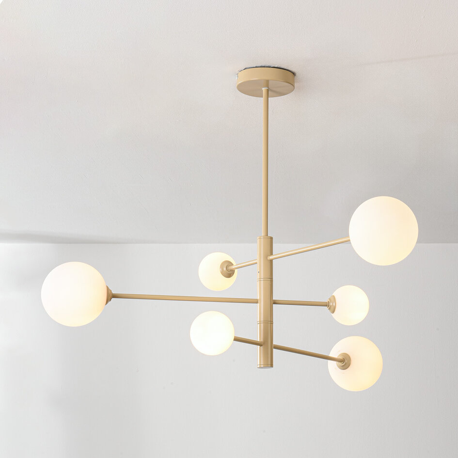 Taklampa Sest med sex lampor - beige med mjölkvitt glas