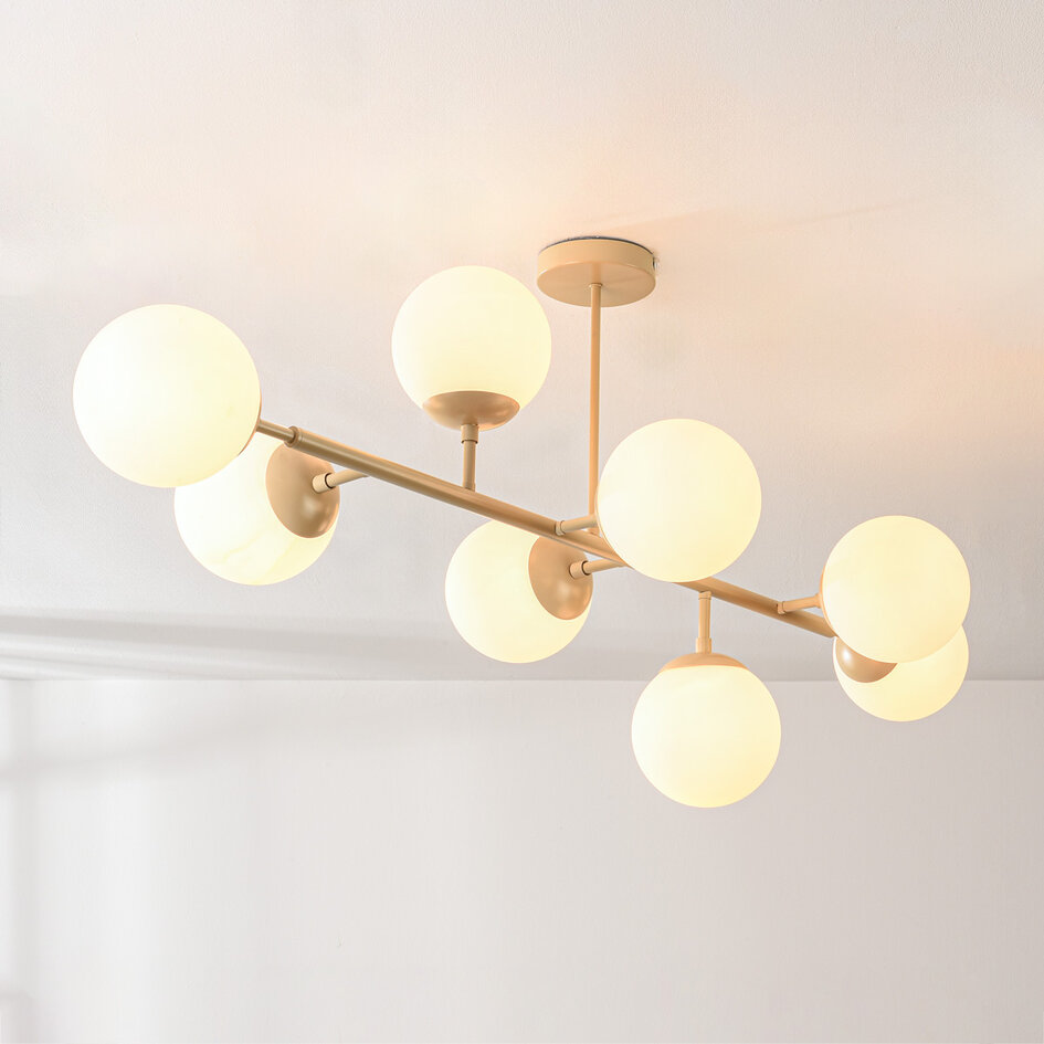 Design taklampa Osem beige med mjölkvita glaskulor - 8-ljus