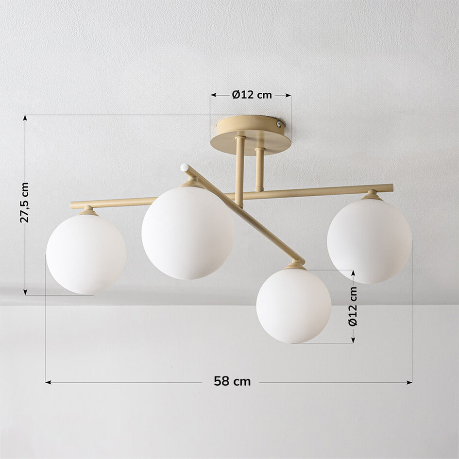 Vridbar taklampa Nymo med fyra lampor - beige med mjölkvitt glas
