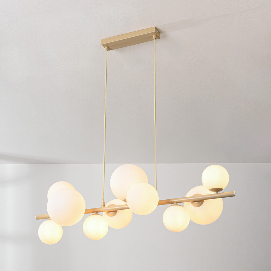 Pendellampa Deka med tio lampor - beige med mjölkvitt glas