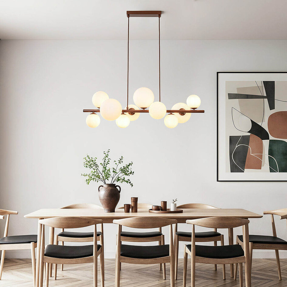 Pendellampa Deka med tio lampor - brun med mjölkvitt glas