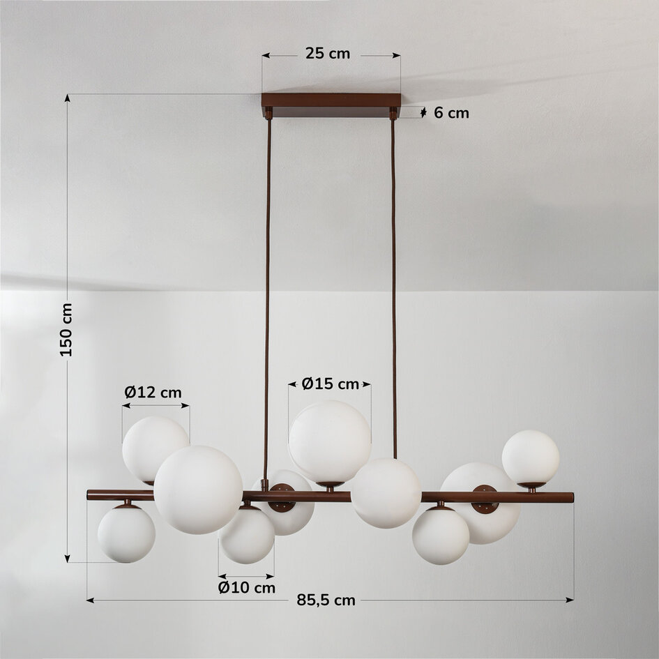 Pendellampa Deka med tio lampor - brun med mjölkvitt glas