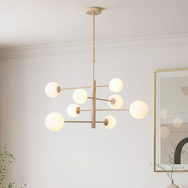 Taklampa Oito beige med mjölkvitt glas och vridbar, 8-ljus