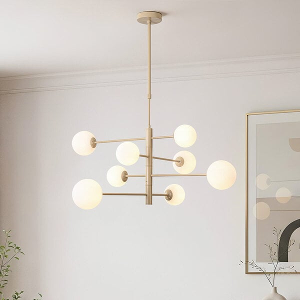 Taklampa Oito med åtta lampor - beige med mjölkvitt glas, vridbar