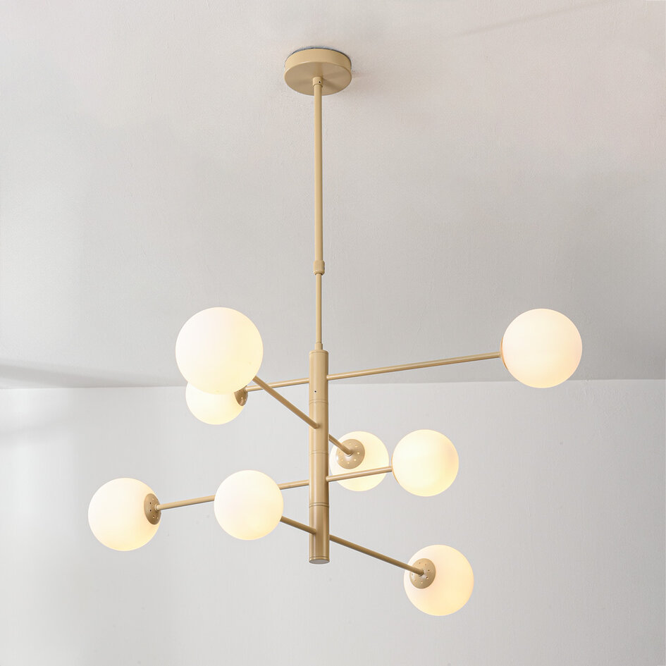 Taklampa Oito med åtta lampor - beige med mjölkvitt glas, vridbar