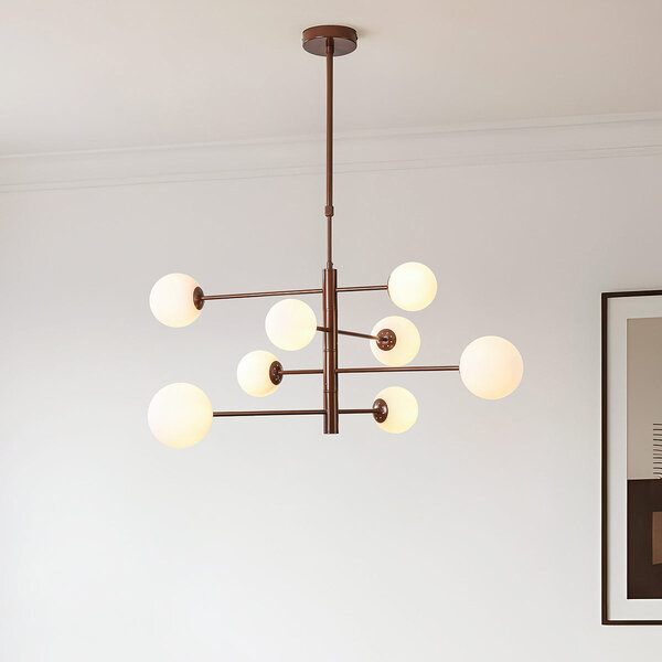 Taklampa Oito brun med mjölkvitt glas och vridbar, 8-ljus