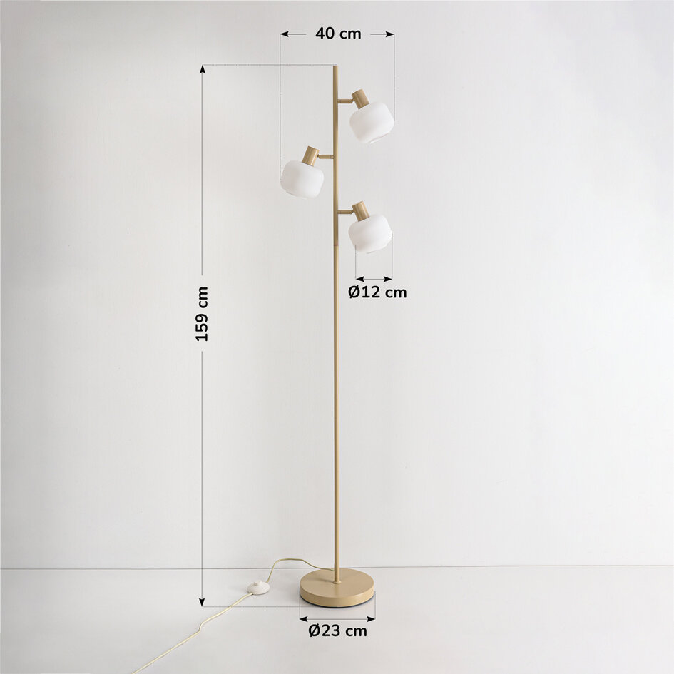 Golvlampa Jesse med tre lampor och mjölkvitt glas - beige