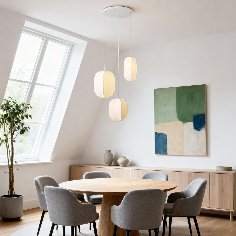 Vit pendellampa Asago med tre lampor och sidenskärmar - KD-design