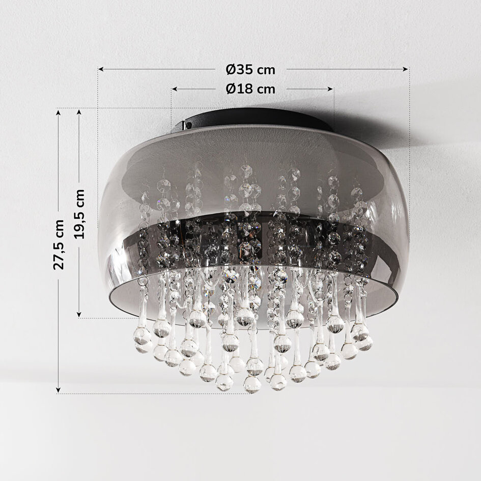 Taklampa Zafira med rökfärgat glas och kristallaccenter