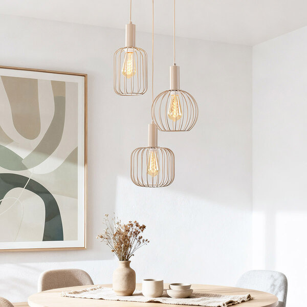 Pendellampa Nudea med tre lampor - beige metallskärmar