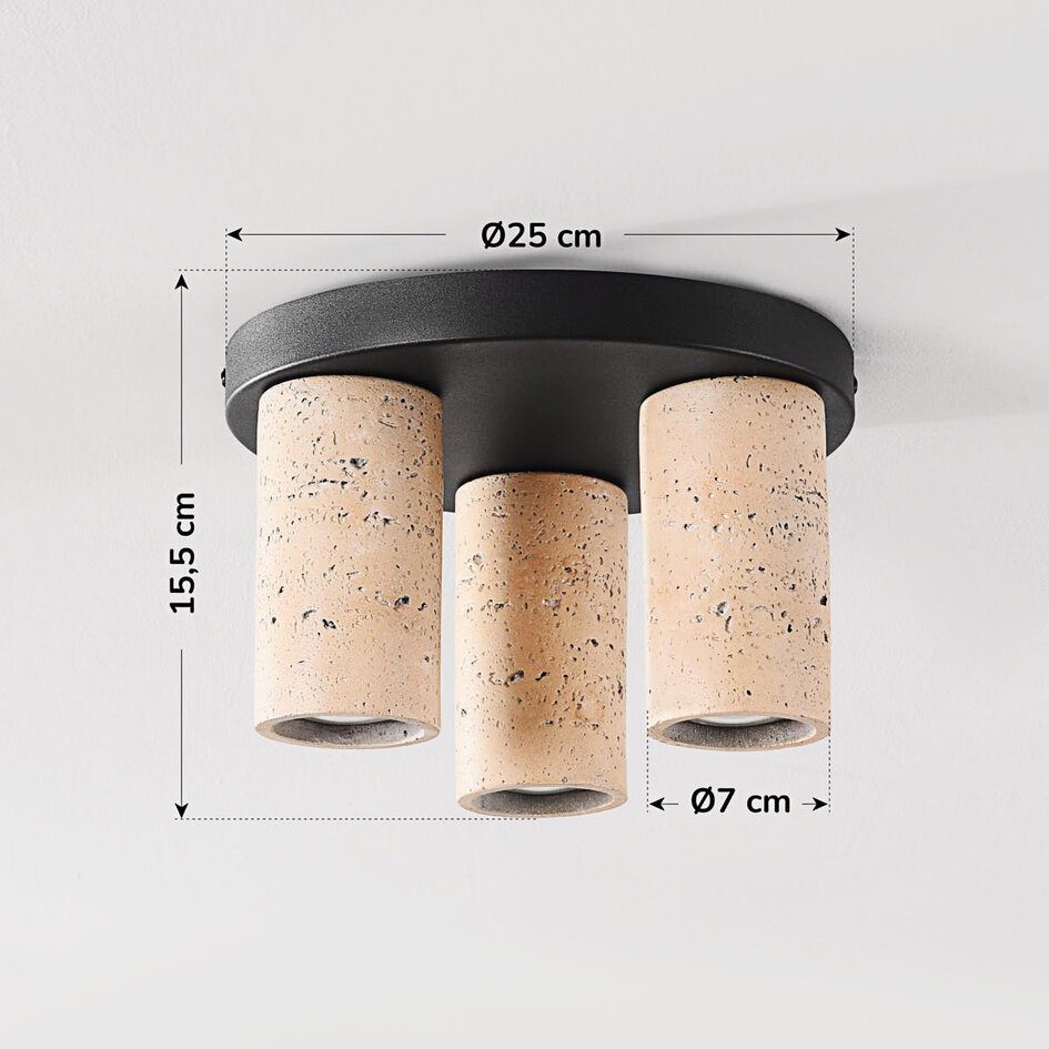Taklampa Cova med tre spotlights i varm travertinstil