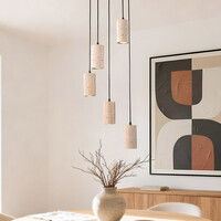 Pendellampa Velin med fem spotlights i varm travertinstil