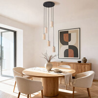 Pendellampa Velin med fem spotlights i varm travertinstil