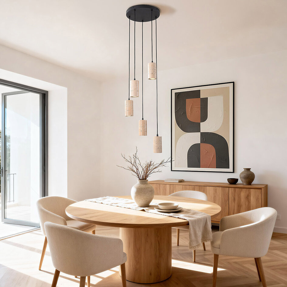 Pendellampa Velin med fem spotlights i varm travertinstil