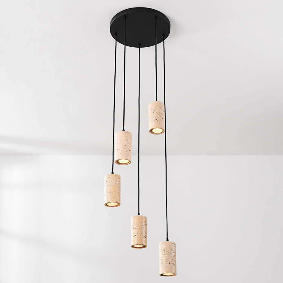 Pendellampa Velin med fem spotlights i varm travertinstil