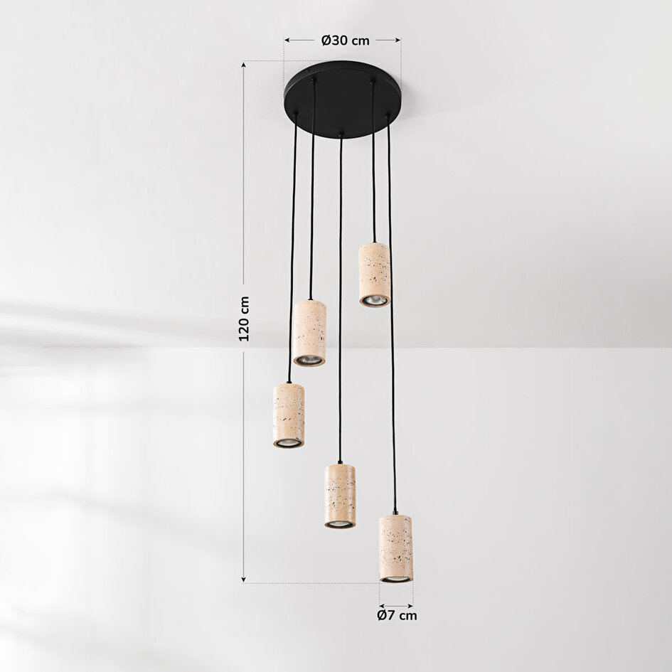 Pendellampa Velin med fem spotlights i varm travertinstil