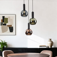 Design taklampa Imme med gråblått rök-, grönt och kopparglas – 3-ljus