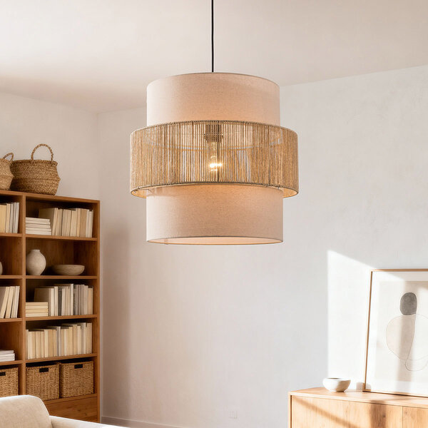 Boho taklampa Nyra med papperssnöre och tygskärm