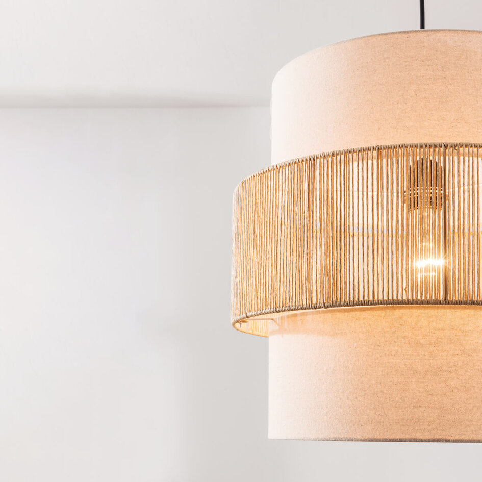 Boho-pendellampa Nyra - beige textil med flätat rep