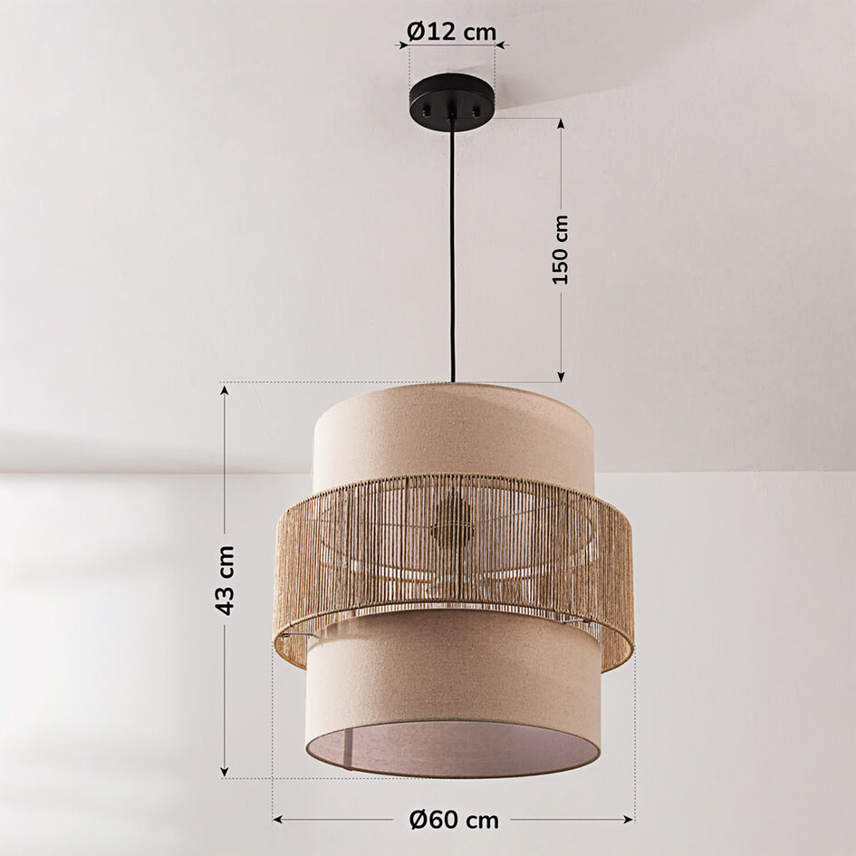 Boho-pendellampa Nyra - beige textil med flätat rep
